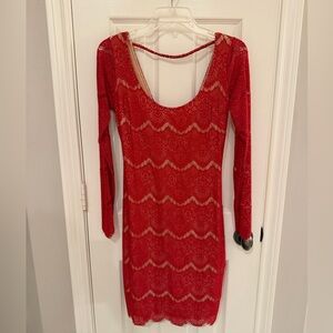 bebe Red Long Sleeve Lace Dress